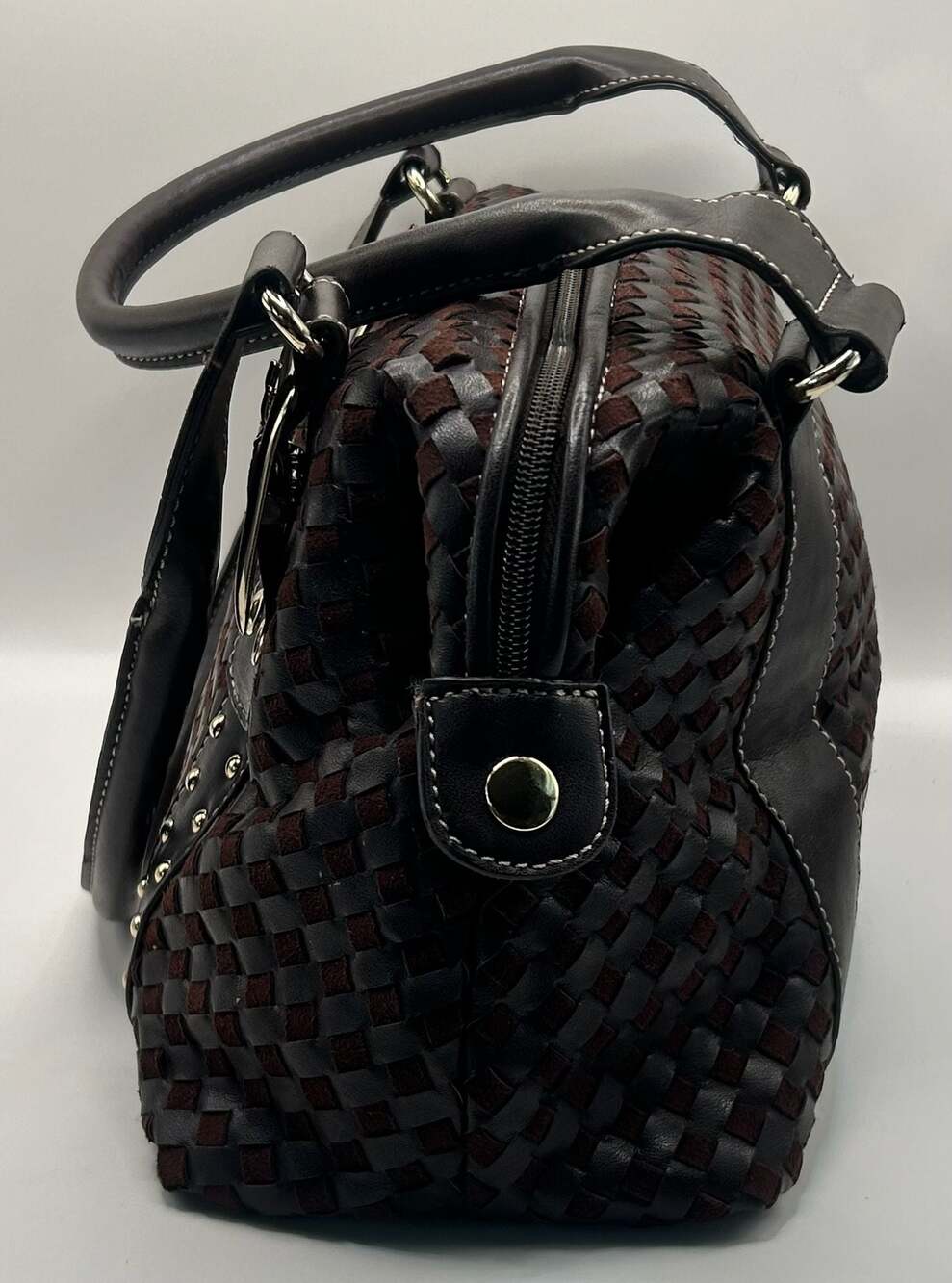 Vintage Brown Woven Satchel with Gold Tone Buckle Detail - Picture 8 of 12